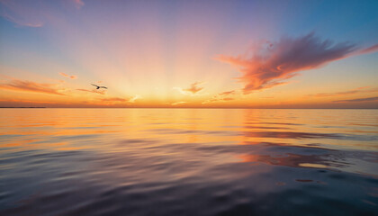 Obraz premium Lone seabird gliding over tranquil ocean at sunset, serene beauty