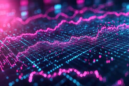Abstract grid surface with glowing pink and blue lines depicting data trends