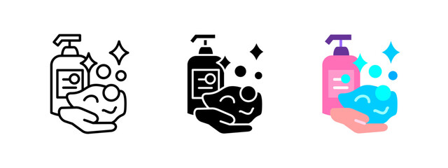 Personal hygiene icon. Hand washing with liquid soap and foam bubbles representing cleanliness and sanitation. Health and personal care vector illustration. Liquid soap dispenser and loofah pictogram.