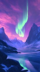 Lofoten Islands at night, where the stunning Aurora Borealis fills the sky with colorful light,