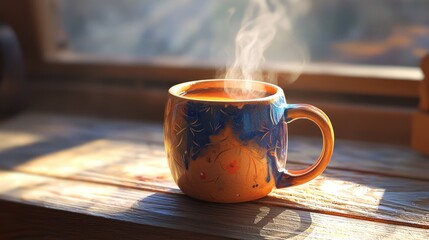 Warm drink steaming in sunlit mug on wood.