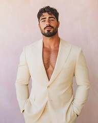 Handsome Middle Eastern man in pastel beige suit