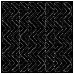 Black background with figures from dots. Black and white pattern for web page, textures, card, poster, fabric, textile. Repeating design.