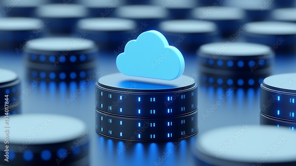 Poster blue cloud symbol on circular data storage devices in a modern data center environment