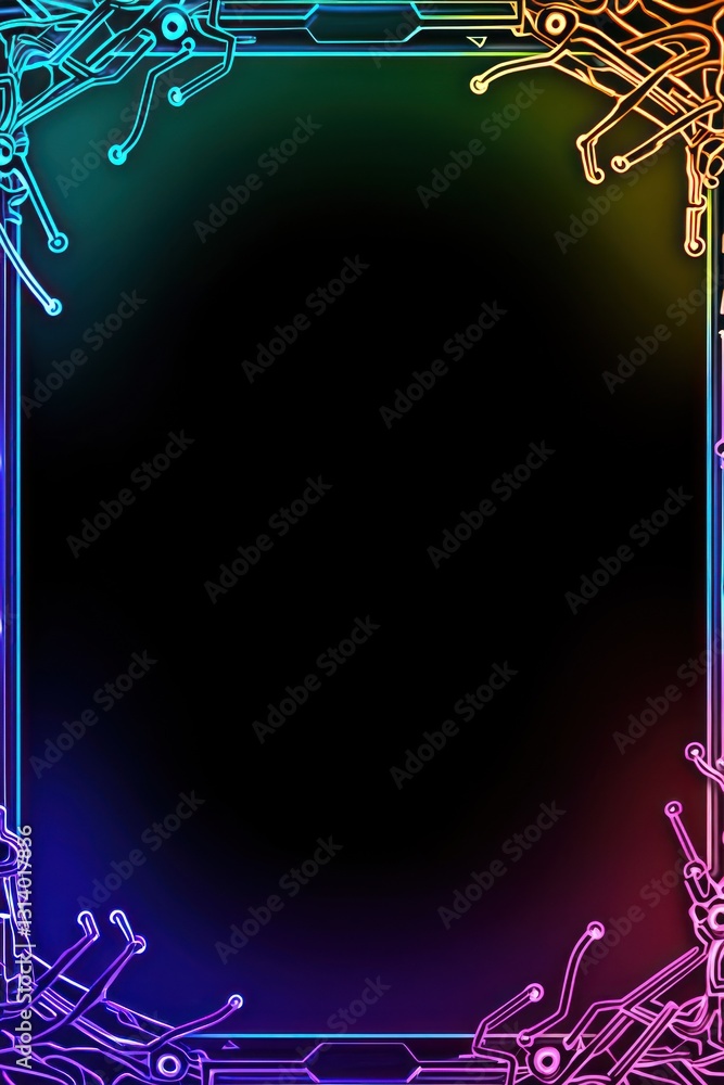 Poster glowing circuit frame; futuristic, cybernetic border; tech patterns, black background for design