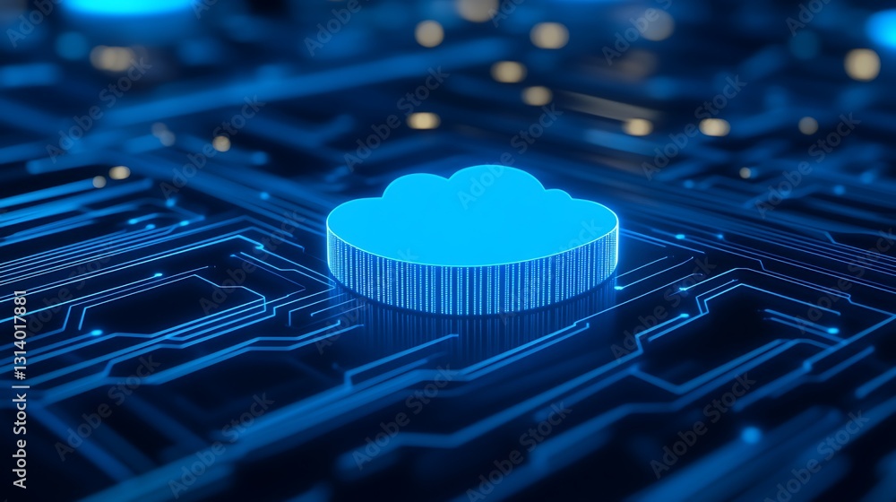 Poster blue cloud symbol on digital circuit board background representing cloud computing and technology in