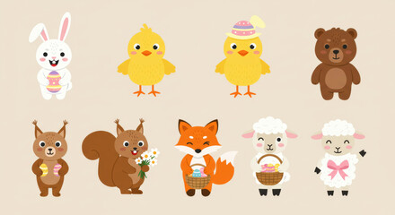 Fototapeta premium A cute collection of cartoon animals celebrating the spring holiday