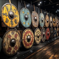 Naklejka premium Viking Armory Wooden Shields Nordic Battle Weapons Warrior History Photo