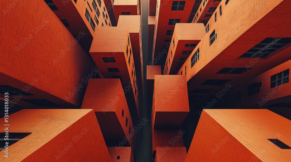 Poster abstract perspective of blocky red buildings with windows