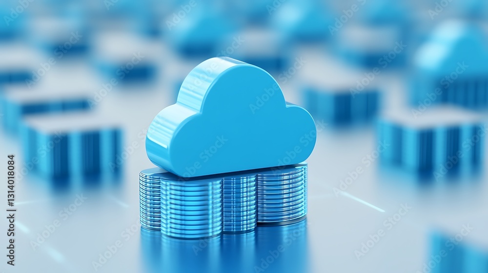 Poster blue cloud symbol on stack of coins representing digital finance and cloud computing concept