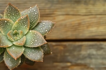 A macro shot of a textured succulent leaf with tiny water droplets, set against a natural wooden plank background