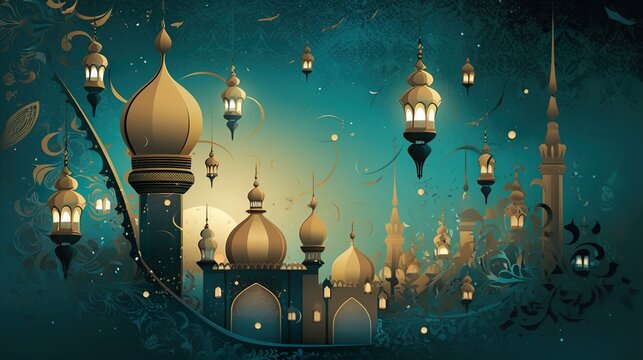 Islamic religion Eid al Adha By Ayesha "Islamic-themed artwork, intricate patterns of stars and lanterns, a crescent moon, glowing  HD 8K ramzan  wallpaper Photographic Image