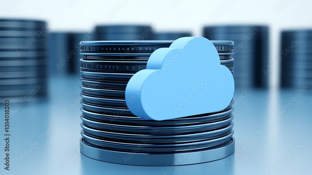 Poster blue cloud symbol on top of metallic data storage cylinder representing cloud computing and data sto