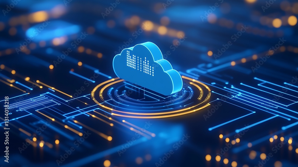 Poster blue cloud symbol overlaying digital circuit board with data visualization elements and vibrant ligh