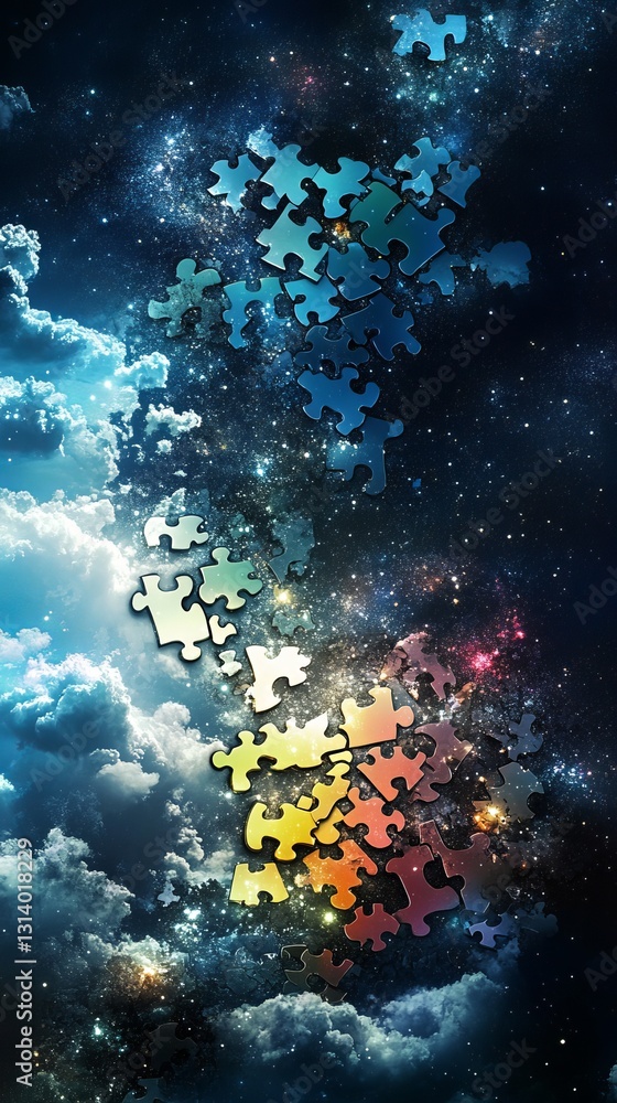 Poster this vibrant image features colorful puzzle pieces adrift in a vast cosmic space, blending elements 