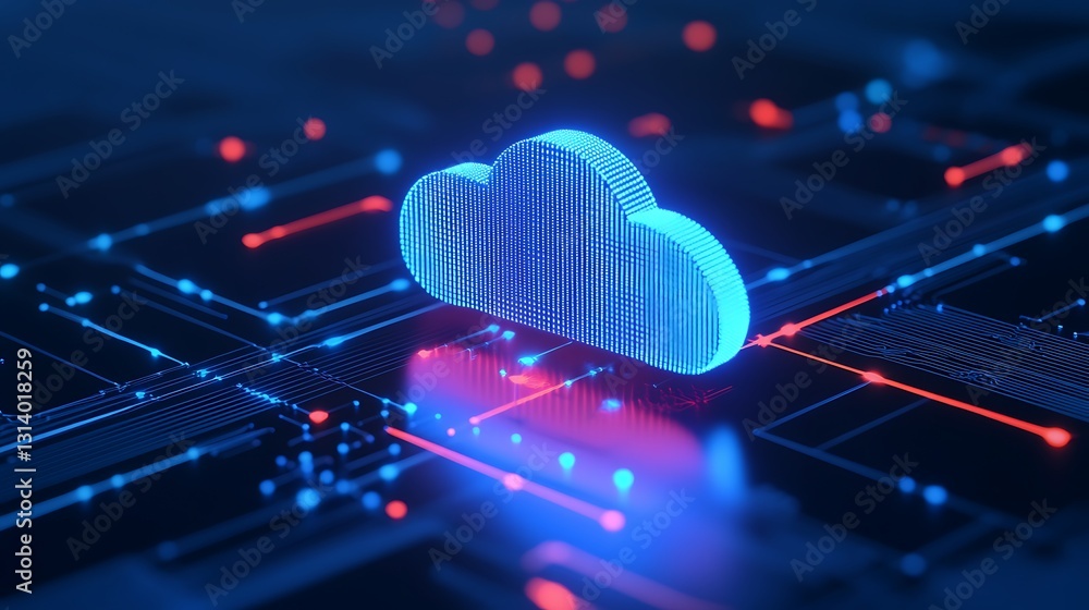 Poster blue cloud symbol with digital circuit elements and glowing effects on futuristic technology backgro