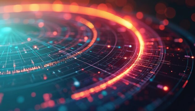Radar chart displays investment portfolio diversity. Managing risk distribution with advanced tech, vivid color. Modern abstract side view tech design, great wallpaper for tech presentations. - Powered by Adobe