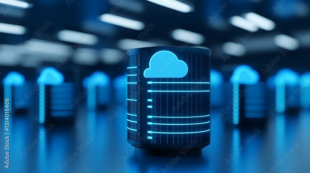 Poster blue cloud technology concept represented with 3d cylinder in data center environment with glowing l