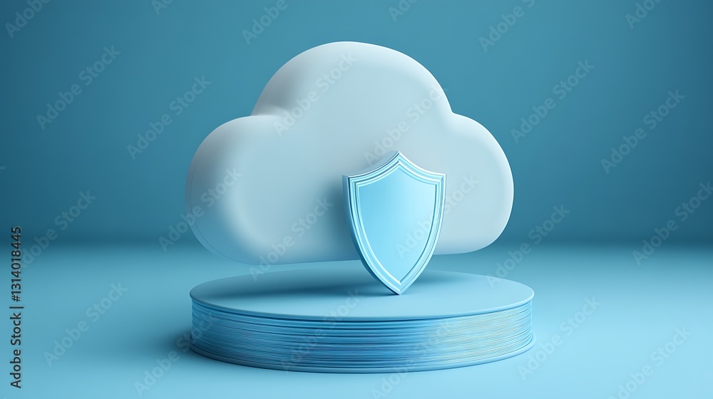 Poster blue cloud with a shield icon symbolizing data security and protection in digital environment