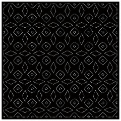 Black background with figures from dots. Black and white pattern for web page, textures, card, poster, fabric, textile. Repeating design.
