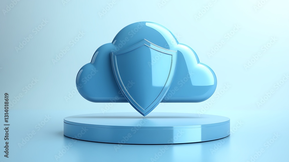 Poster blue cloud with protective shield symbolizing digital security and data privacy concept in minimalis