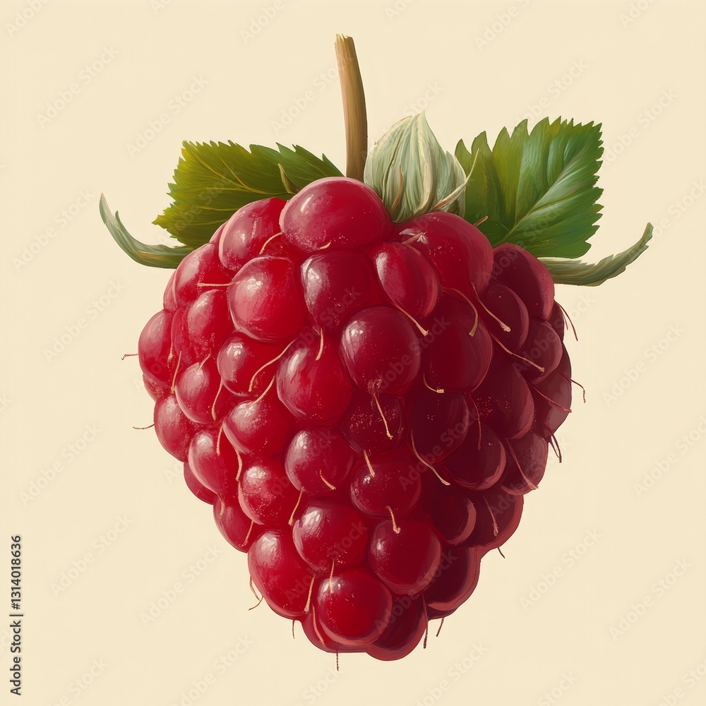 Poster a close up of a red raspberry with a leaf on top. the image has a bright and cheerful mood, with the