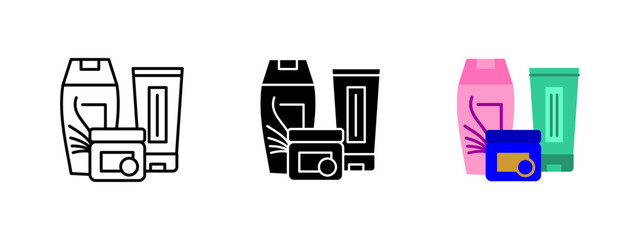Cosmetic skincare products icon. Collection of beauty and hygiene items, including shampoo, conditioner and facial cream. Wellness and selfcare vector illustration. Hydration and antiaging concept.