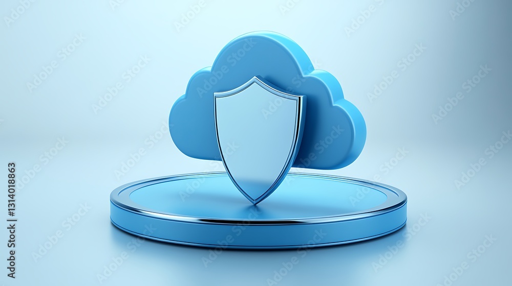 Poster blue cloud with shield icon representing digital security and protection in a modern setting