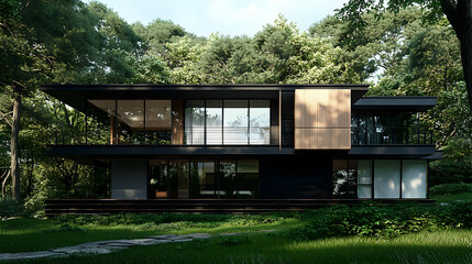Modern Two Story House With Glass And Wood Accents Nestled In A Lush Green Forest Illuminated By Natural Sunlight With Landscaping And Stone Pathway