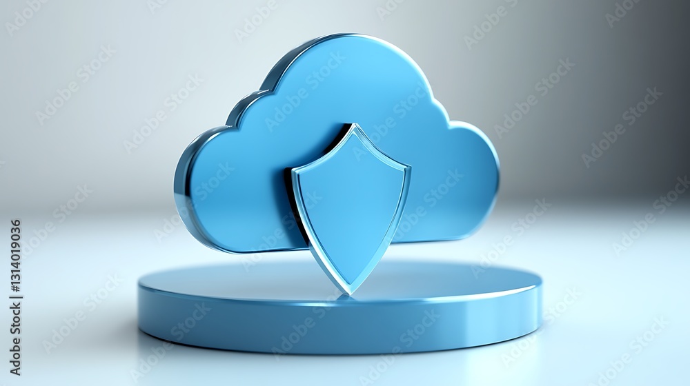 Poster blue cloud with shield symbol representing cybersecurity and data protection for digital services