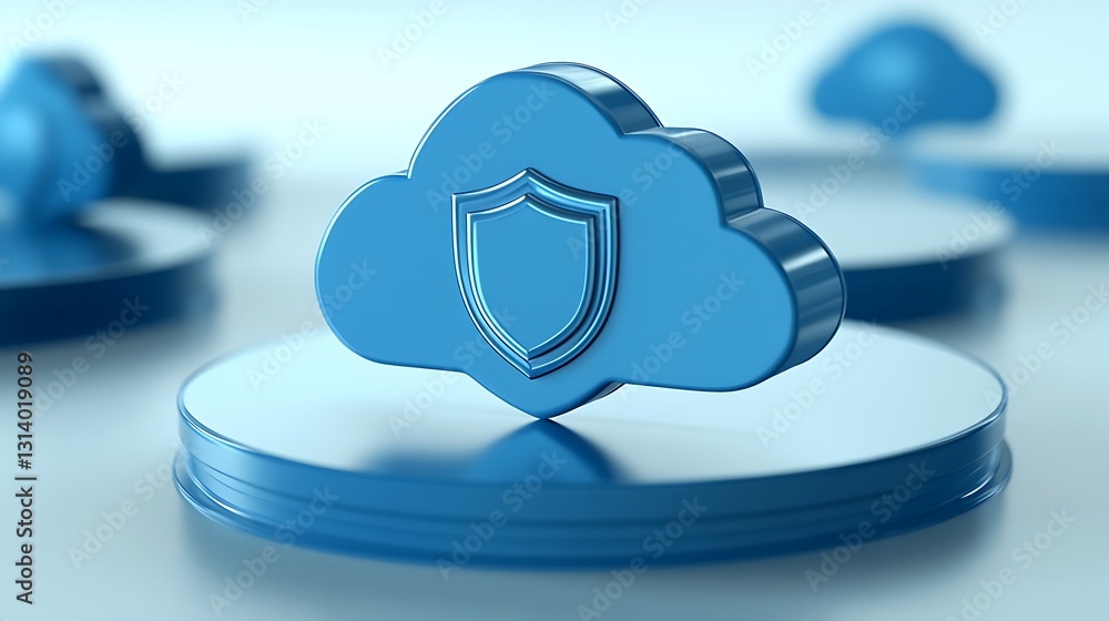 Poster blue cloud with shield symbol representing data security and protection in digital technology concep
