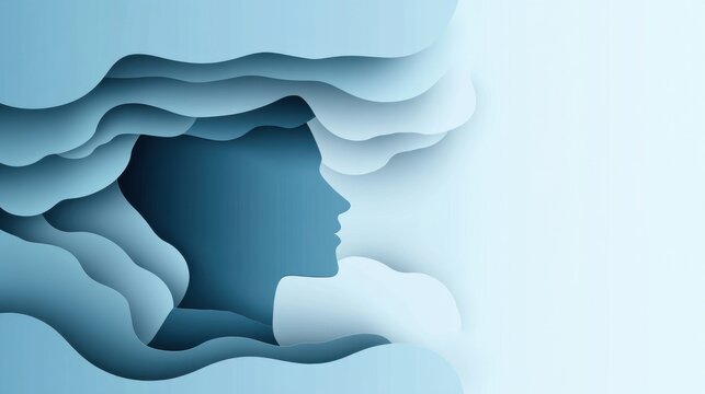 paper silhouette of man with blue waves surrounded as sign of depression, anxiety, grief, mental disorders. Rainy cloud and male person papercut illustration
