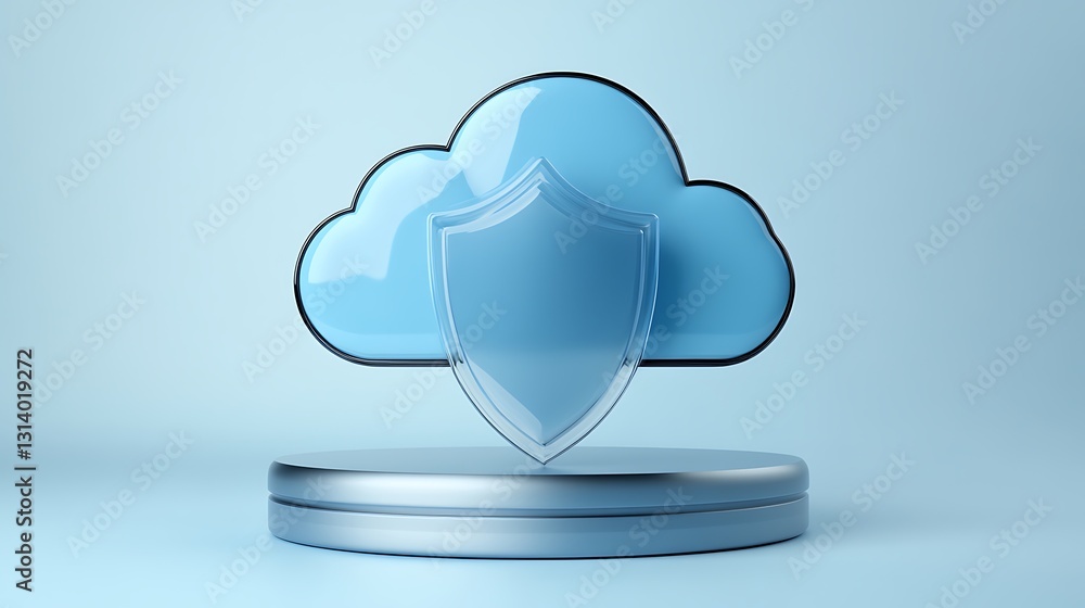Poster blue cloud with shield symbolizing data protection and cybersecurity concepts in modern technology