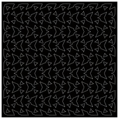Black background with figures from dots. Black and white pattern for web page, textures, card, poster, fabric, textile. Repeating design.