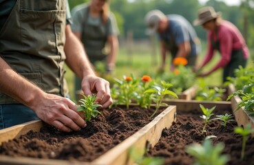 Fototapeta premium Farmers plant seedlings in raised garden beds. Group of diverse people gardening together, promote local organic produce, eco-friendly lifestyle. Community farm offers fresh vegetables, herbs.