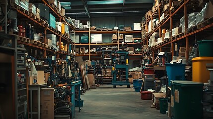 A cluttered warehouse interior with various materials and equipment on shelves and floor.