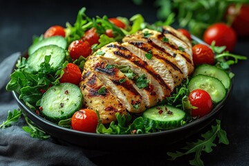 Grilled chicken served on a plate with salad, tomatoes and cucumbers on table
