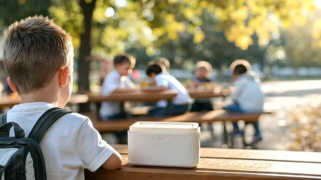 A child looks at an empty lunchbox on a school bench