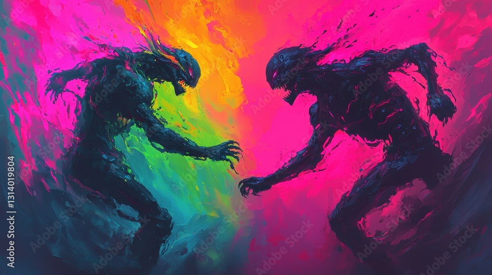 Poster surreal abstract landscape with two shadowy figures in bright colors