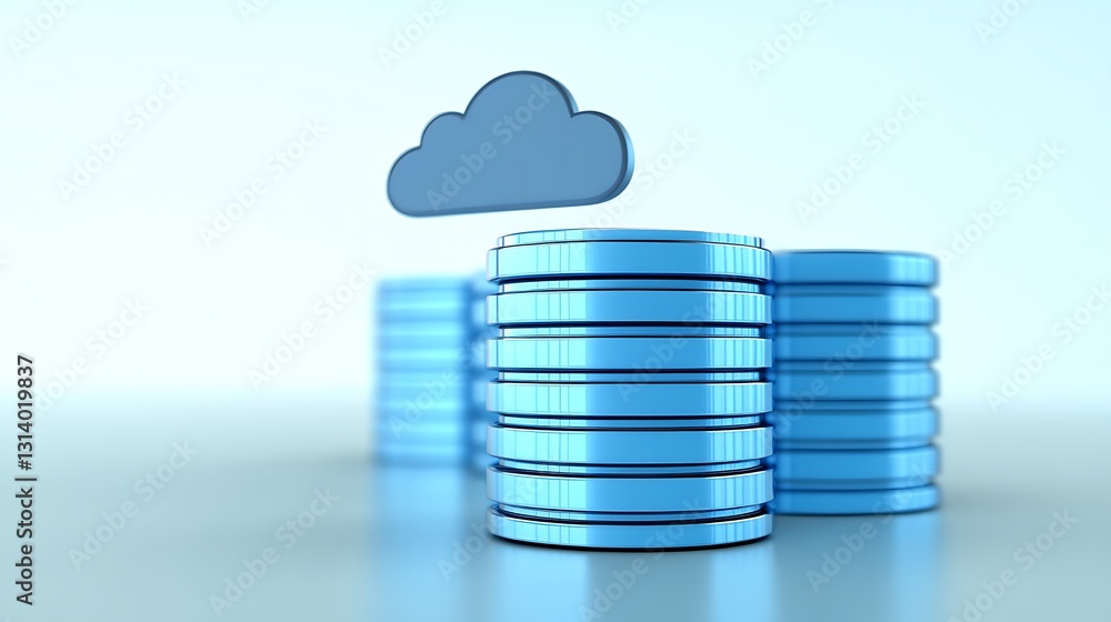 Poster blue data storage with cloud symbol above stacked coins representing digital finance and cloud compu