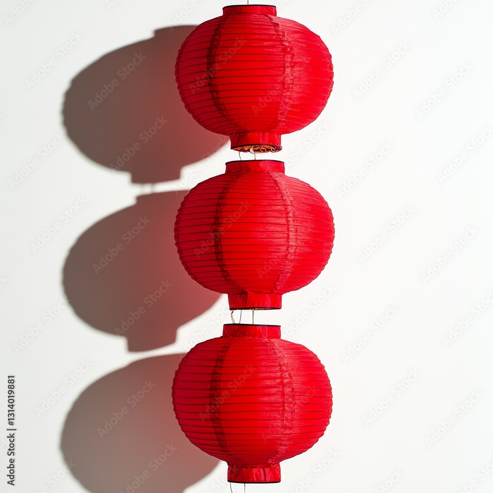 Poster three red lanterns are hanging from a wall, creating a striking visual effect. the lanterns are of v