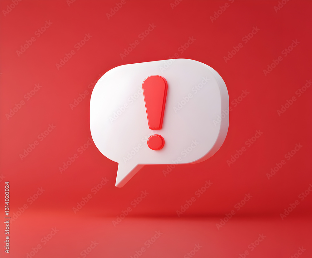 Poster attention symbol with 3d exclamation mark in white speech bubble, standing out on a bright red backg