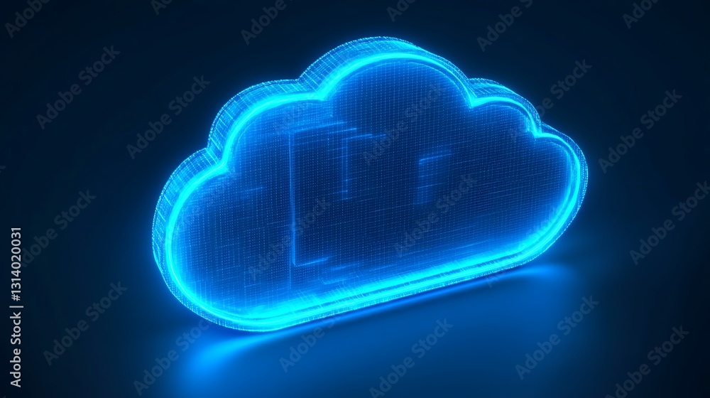 Poster blue glowing cloud icon in digital style representing data storage and connectivity on dark backgrou