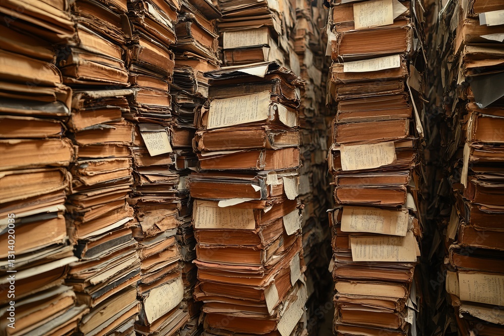 Poster a captivating view of stacks of vintage books filling an archive space, creating a rich atmosphere o