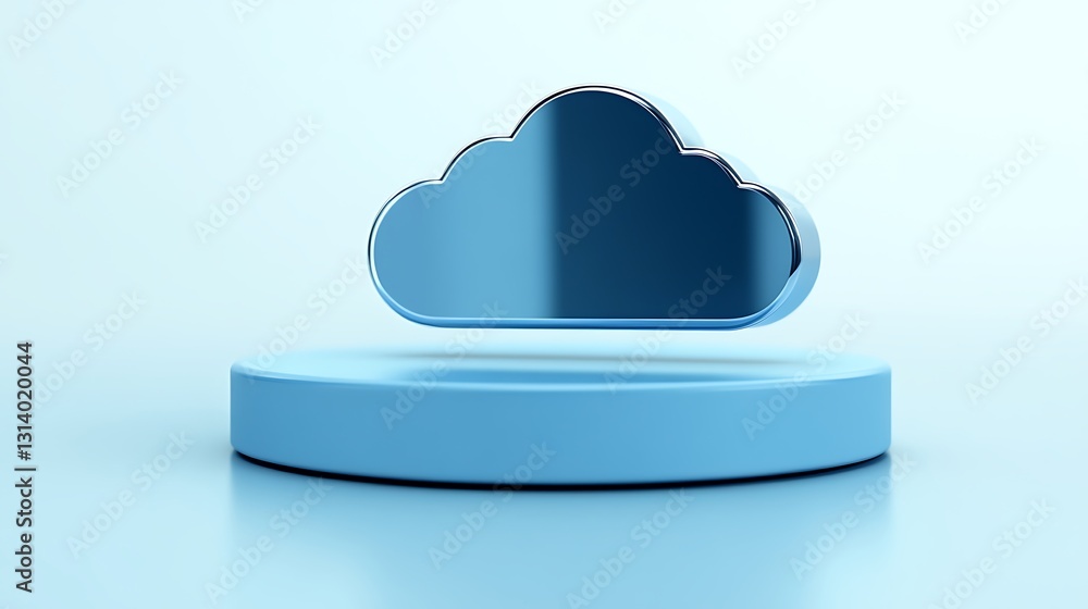Poster blue minimalist cloud icon on floating platform against light background in modern digital style