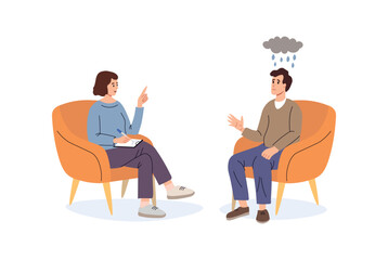 Reception at the psychologist. Conversation. A man with depression came to the psychologist for consultation. Flat vector illustration