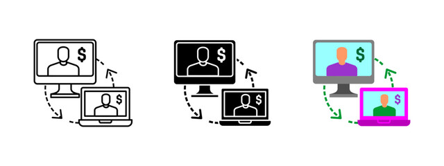 Online financial transaction icon. Digital payment exchange between computer and laptop screens. Symbol of internet banking, fintech and global finance. Secure money transfer concept.