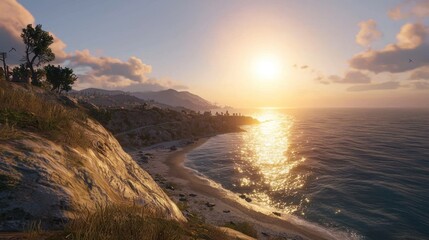 Obraz premium Sunset over a secluded coastal cove, cliffs, beach, and golden light.