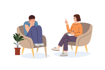 A man cries at a psychologist's appointment. Psychological help.Reception at the psychologist. Conversation. A man with depression came to the psychologist for consultation. Flat vector illustration