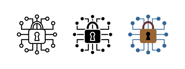 Digital network security icon. Cyber protection symbol with a padlock and circuit connections. Encryption, privacy and data safety in online systems. Cybersecurity and secure access concept.